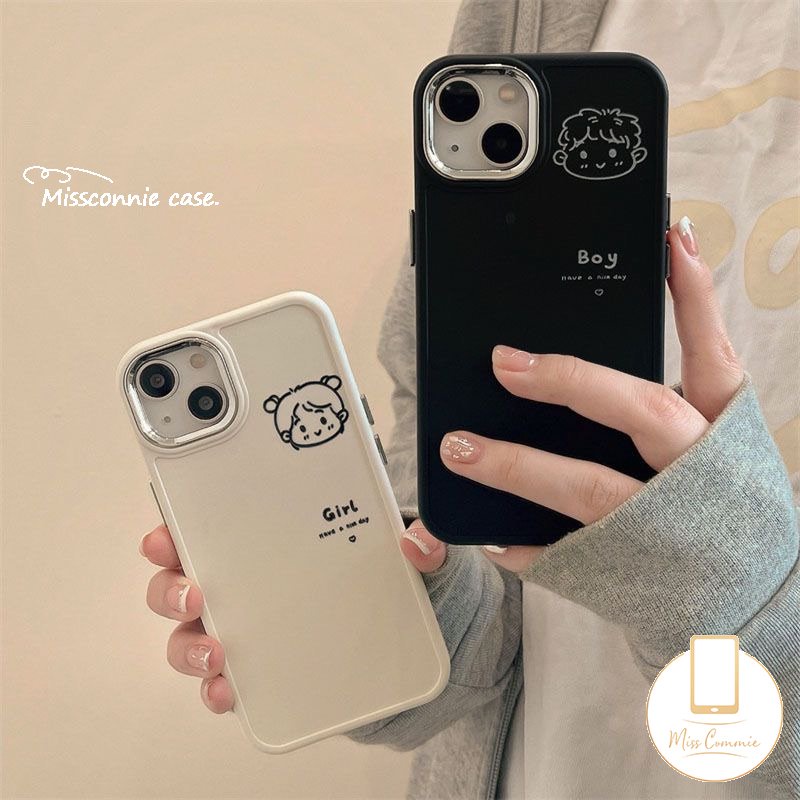 IPHONE Casing Ponsel Cowok Cewek Simple Lucu Kompatibel Untuk Iphone11 14 12 13 Pro Max7 8 Plus X XR 8plus XS MAX 7plus Pasangan Plating Bingkai Lensa Logam Lembut Tpu Penutup Belakang