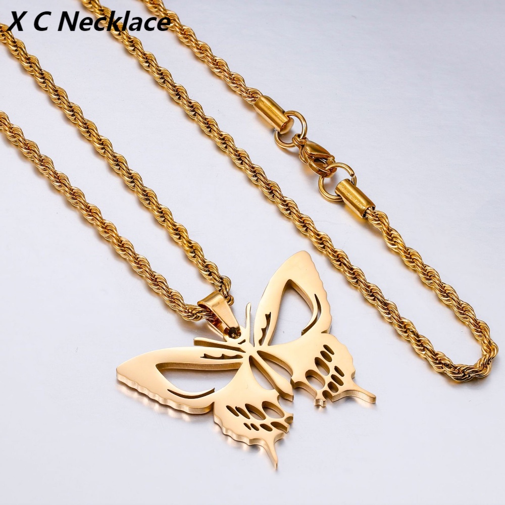 [X C Kalung] Emas &amp; Perak Baru Hip-hop Punk Retro Little Butterfly Skull Head ​Kalung Titanium Steel Liontin Anti Karat Untuk Perhiasan Hadiah Liburan Pria Dan Wanita