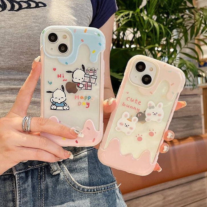 【3D Ice Cream】Summer So Cute Clear Pochacco Pink Bunny Soft Case IPhone 7 8 Plus XR XS Max 11 12 13 14 Pro Max 14 Plus for Women Girl Gift Cartoon Disney