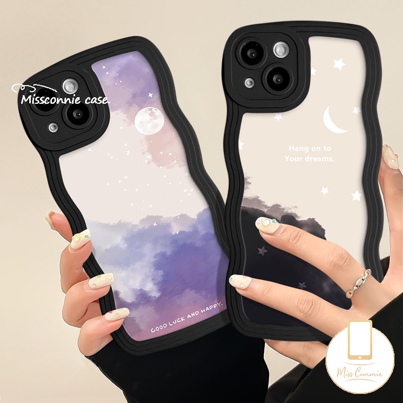 IPHONE Fantasy Casing Ponsel Bulan Bintang Langit Berbintang Kompatibel Untuk Iphone11 13 14 12 Pro Max8 6 6s 714 Plus 8Plus XR 7Plus XS Max X SE 2020 Pasangan Tepi Bergelombang Lembut TPU Cover