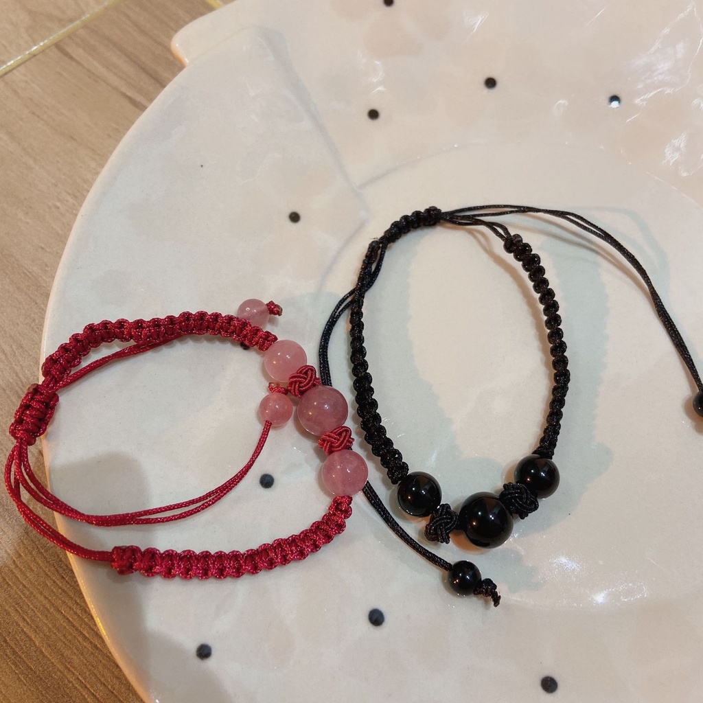 Gelang Couple Tali Kepang Obsidian Kristal Strawberry Merekrut Peach Blossom Tangan Tali Mode Sederhana