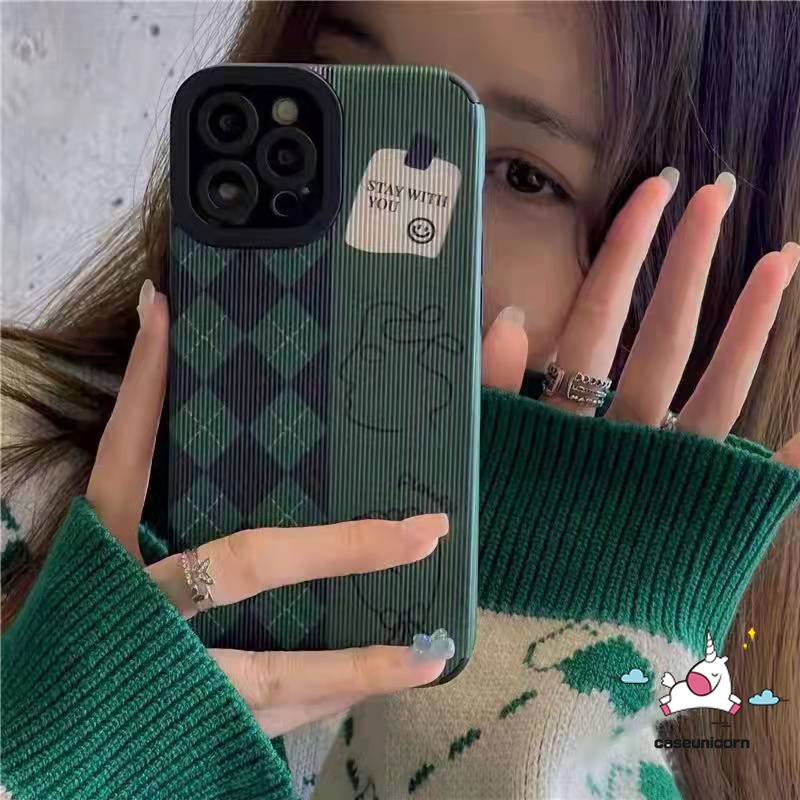 IPHONE Luxury Retro Hijau Ringer Lattice Shockproof Case Kompatibel Untuk Iphone11 13 XR 12 14 Pro 7Plus Max7 8 Plus X XS MAX Retro Flowers Trendi Merek D.I.O.R Lembut Tekstur Kulit Cover