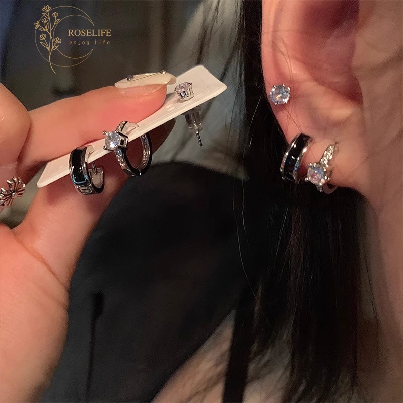 Roselife Y2K Trendi 6 Pcs S925 Perak Bersinar Zirkon Hitam Anting Hoop Untuk Wanita Perempuan Chic Lingkaran Bulat Anting-Anting Set Bebas Alergi Pakaian Sehari-Hari Telinga Perhiasan Aksesoris