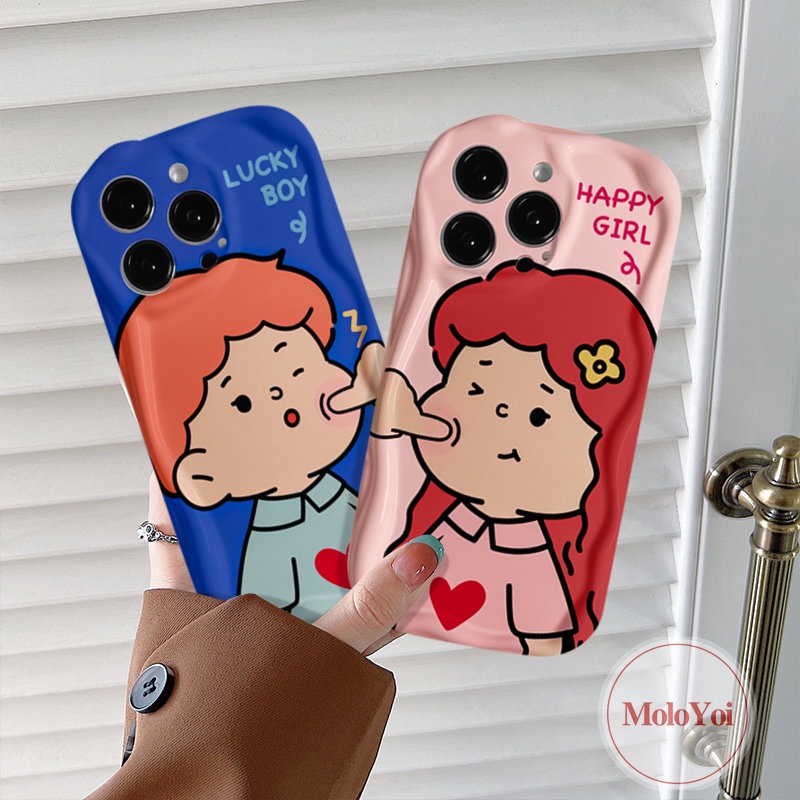 IPHONE Kartun Lucu Pasangan Gadis Bahagia Beruntung Boy Case Kompatibel Untuk Iphone6 7 6s 8plus11 14 12 13 Pro Max XR XS X Max SE 2020 Baru 3D Bergelombang Melengkung Tepi Telepon Lembut Tpu Pecinta Cover