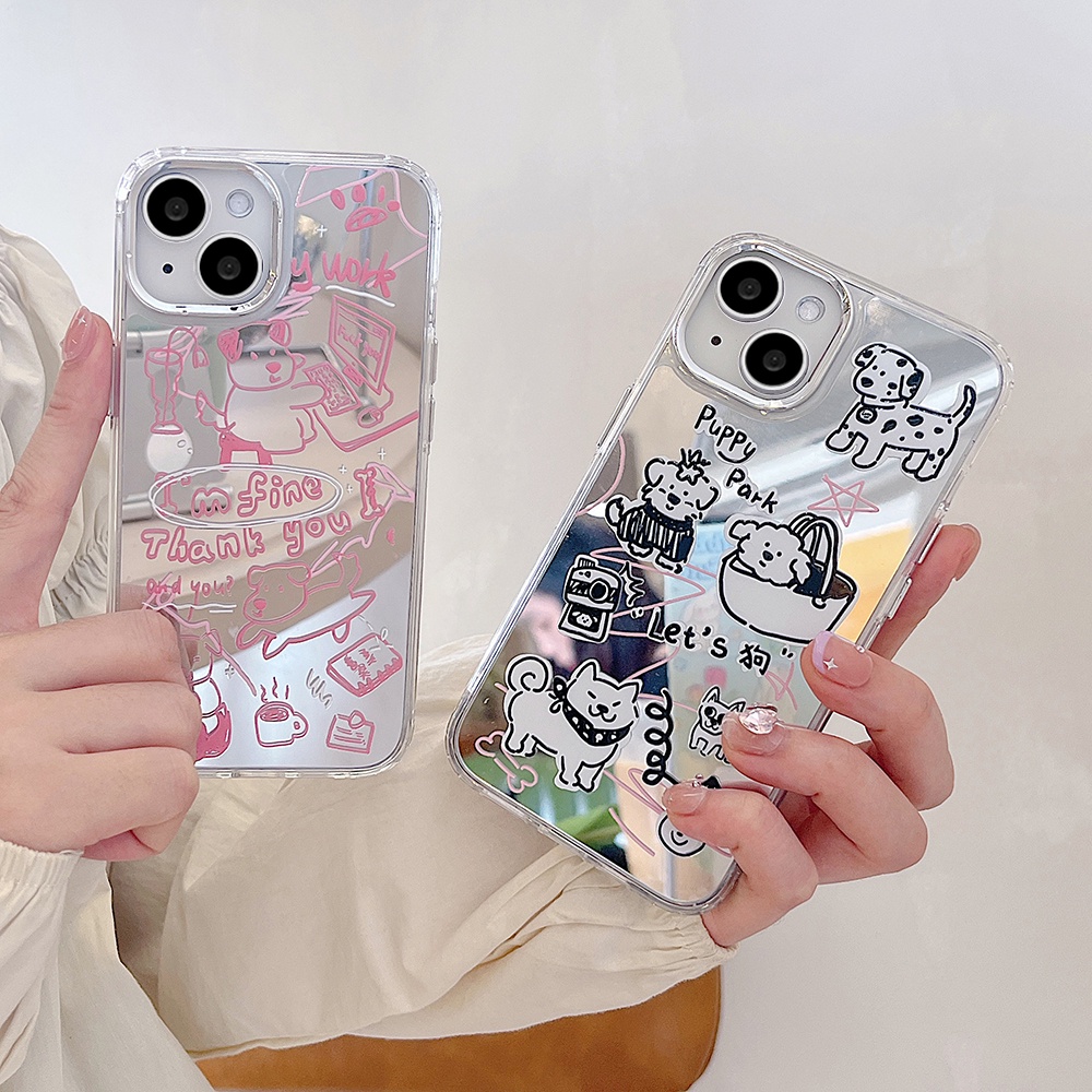 Korea Puppy Dog Makeup Mirror IPhone Case Kompatibel Untuk Iphone11 14 Pro Max Casing Ip13 Pro Max Iphone12 Case Lembut TPU Belakang Ponsel Cover