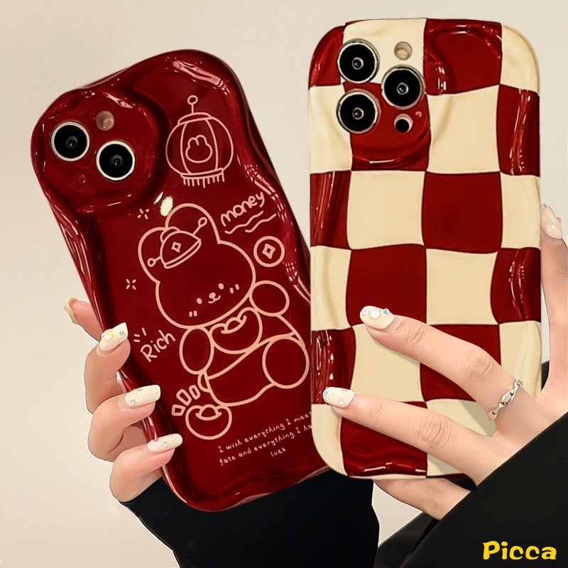 Case Untuk Redmi Note8 10S 9 10 11s 11 12 10Pro Max Redmi 9a1 10 9A 10A 9T A2 10C 9C NFC POCO M3 Kartun Merah Tahun Baru Kaya Kotak-Kotak Kelinci Lucu 3D Wavy Curved Edge Glossy Cover