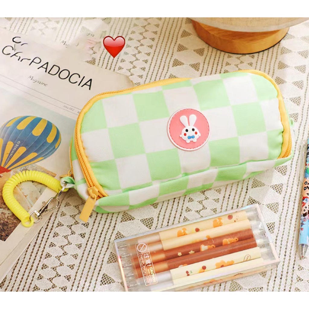 Kotak Pensil Sleting Korea Aesthetic Lucu Import / Pencil case/Premium/Plaid / Zipper/ Kompartmen/ Imut/ Cute/ kelinci/ rabbit/ bear