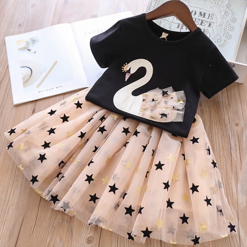 Gadis putri gaun katun T-shirt + setelan rok pendek rok angsa rok bayi SWEET FLAMINGO EBV Bayi Baju Anak setelan Perempuan Import lucu berkualitas