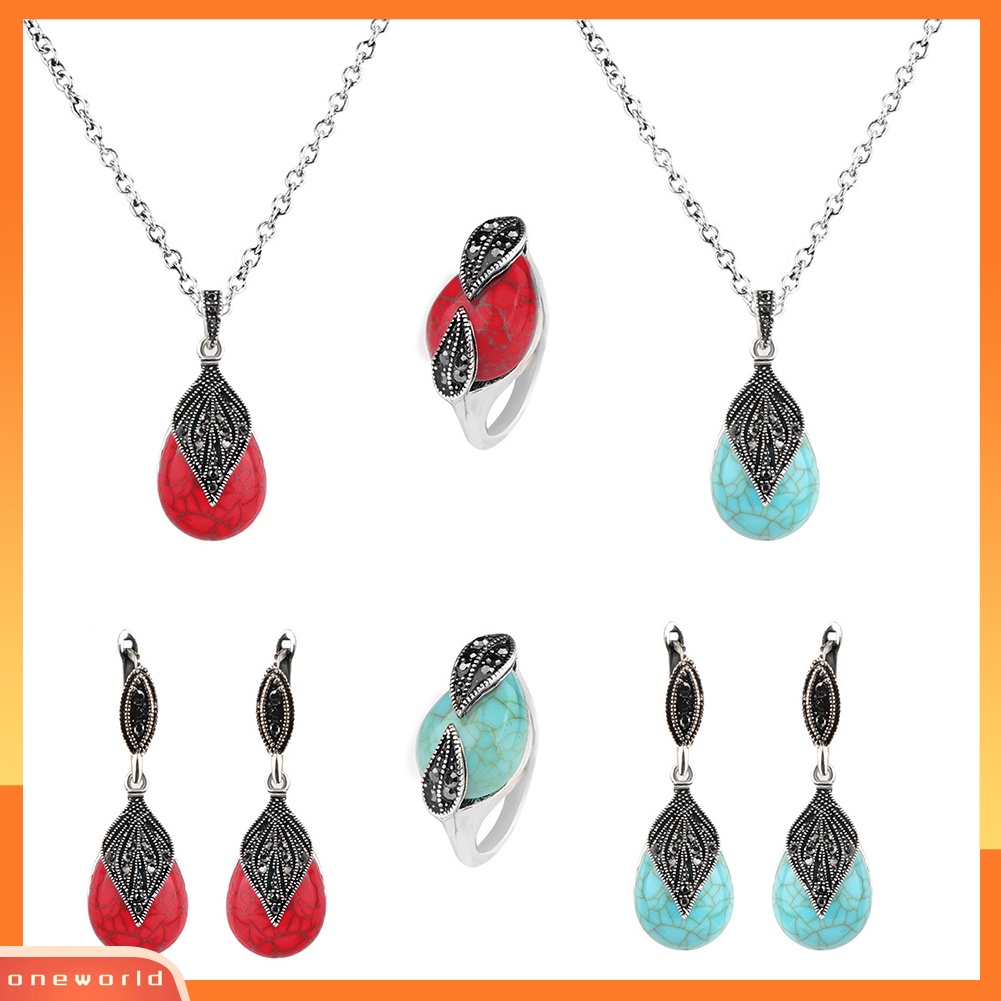 [ONE] Vintage Daun Imitasi Turquoise Pendant Kalung Cincin Leaverback Anting Set Perhiasan