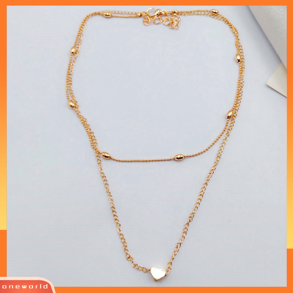 [ONE] Liontin Hati Lapisan Ganda Wanita Kalung Alloy Beads Adjustable Choker Necklace Perhiasan Aksesori