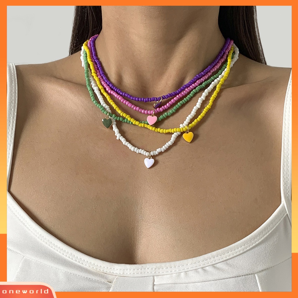 [ONE] Retro Handmade Adjustable Klavikula Kalung Warna-Warni Manik-Manik Hati Liontin Wanita Kalung Perhiasan Aksesoris