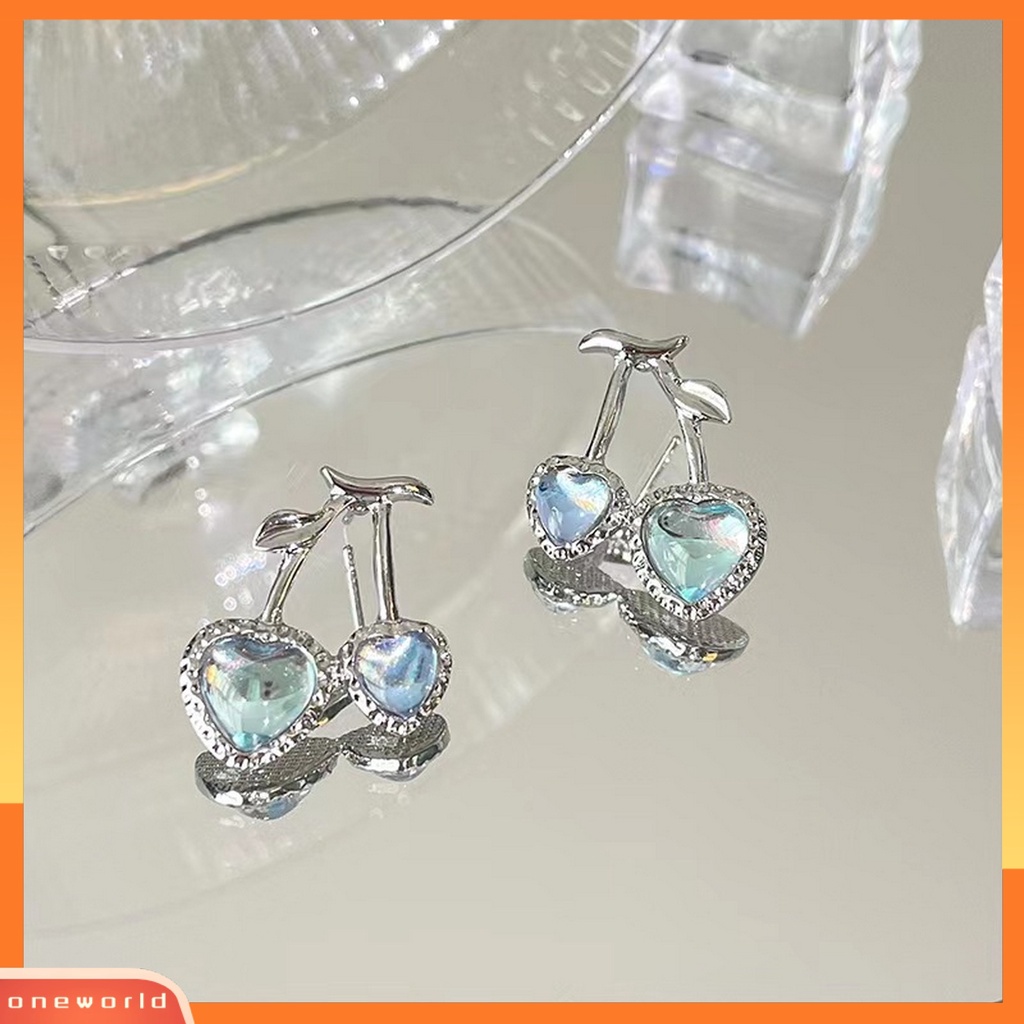 [ONE] Lucu Manis Cherry Stud Earrings Shiny Light Blue Berlian Imitasi Earrings Pesta Perjamuan Wanita Fashion Perhiasan Hadiah