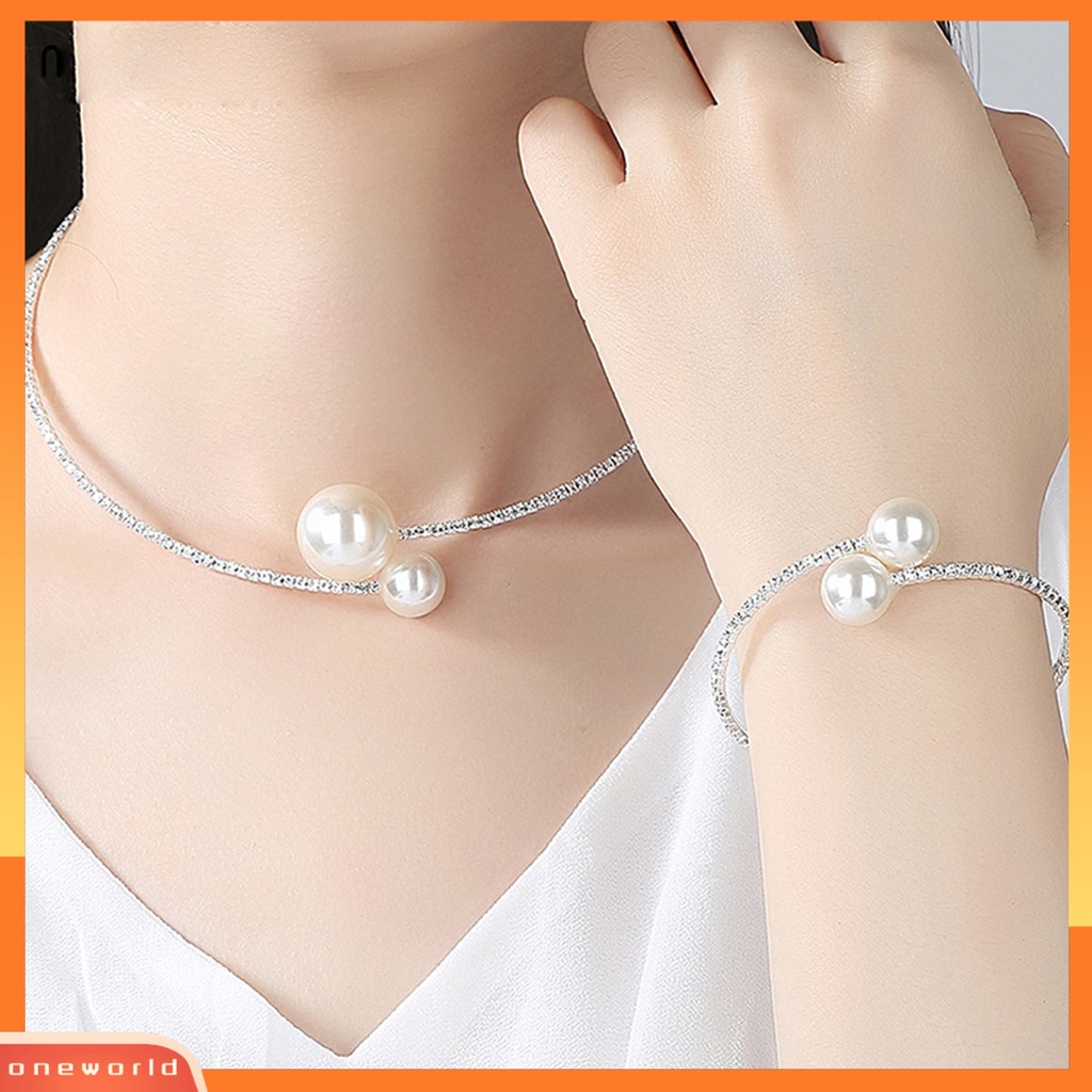 [ONE] 1set Perhiasan Wanita Set Mutiara Imitasi Dipoles Warna Kontras Pembukaan Berlian Imitasi Tubuh Dekorasi Adjustable Ear Stud Klavikula Kalung Perhiasan Set Wanita Perhiasan