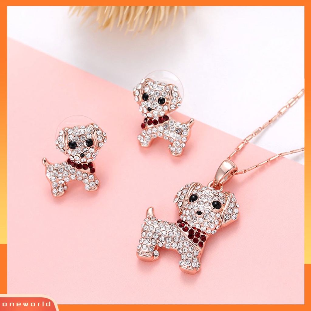 [ONE] 1set Wanita Anjing Kalung Indah Mewah Elegan Mungil Emas Hadiah Padat Berlian Imitasi Bertatahkan Puppy Stud Earrings Kit Fashion Perhiasan