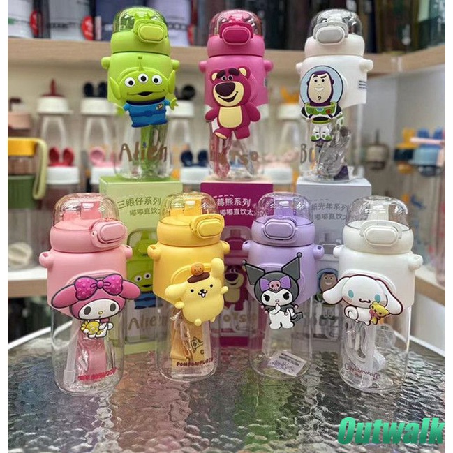 Mug 600Ml Sanrio Thermos Cangkir Air Cangkir Termos Mug Lucu Kartun Cinnamoroll Kuromi Melody Botol Air Plastik Portabel Tahan Lama untuk Hadiah Anak-anak
