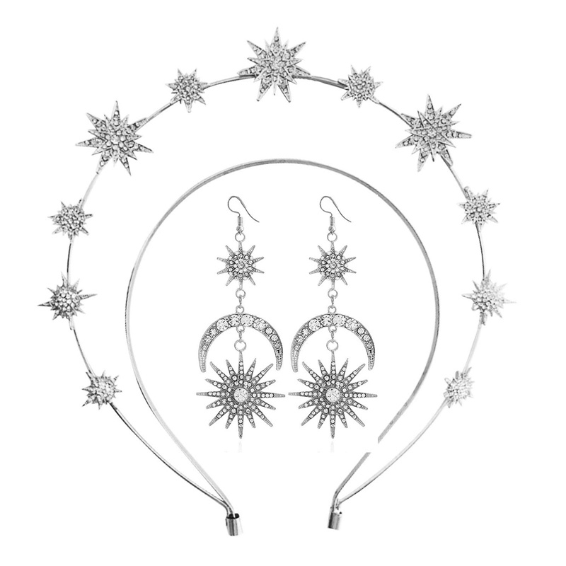 Multi-layer Bintang Logam Berlian Imitasi Aksesoris Rambut Wanita Styling Rambut Hairband Dengan Set Perhiasan Anting Bulan Matahari