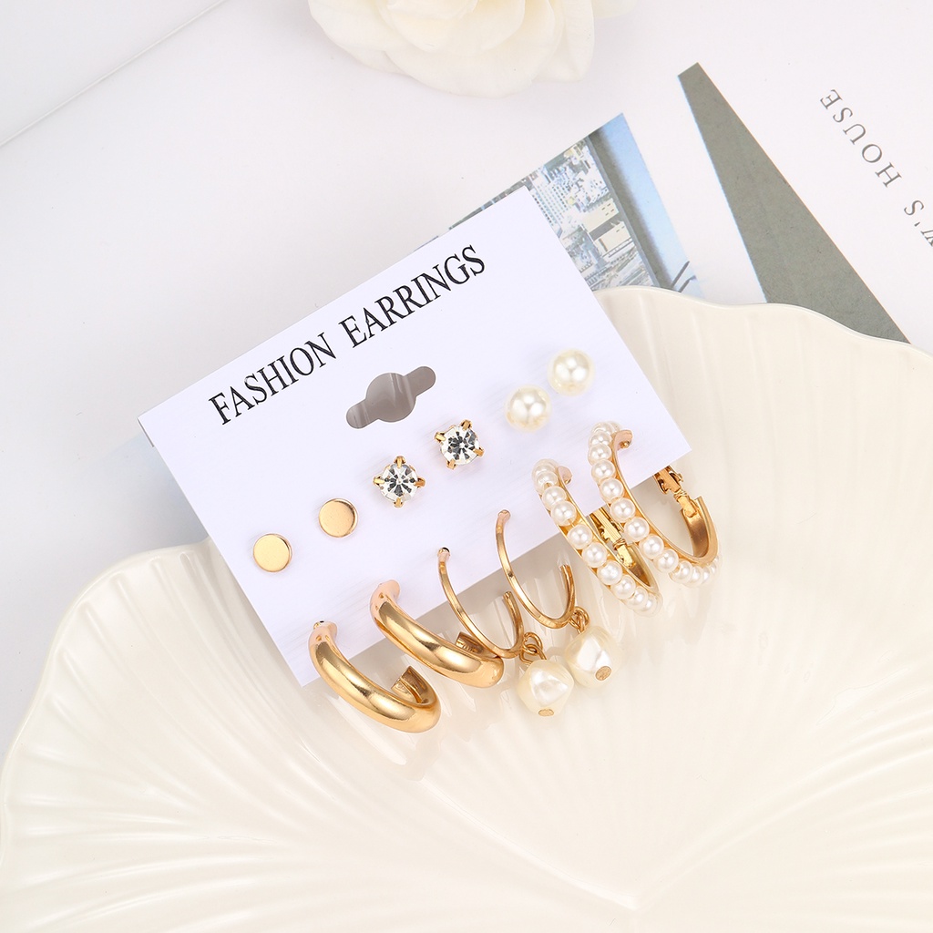 6pasang/set Anting Tetes Mutiara Kristal Anting Hoop Emas Untuk Wanita Fashion Perhiasan Aksesoris