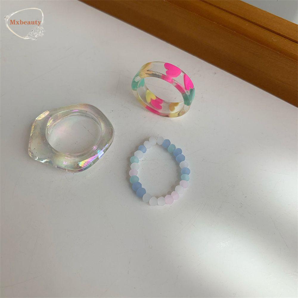 Mxbeauty Cincin Transparan Keren Vintage Warna-Warni Pola Cinta Kepribadian Fashion Gaya Korea Perhiasan Handmade Beaded Ring