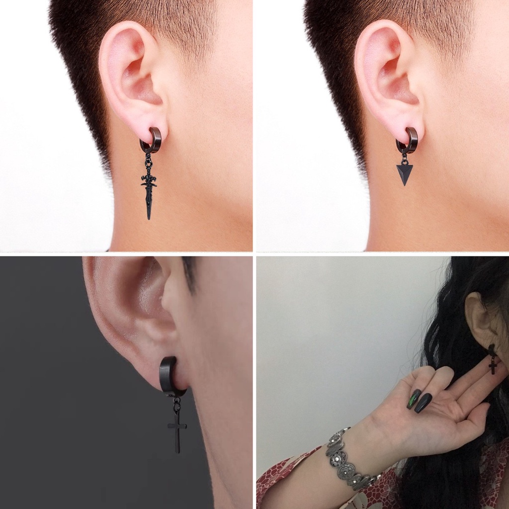 Ahellogirl Hip-hop Liontin Salib Pribadi Bahan Titanium Steel Ear Buckle Street Earrings Untuk Pria Wanita