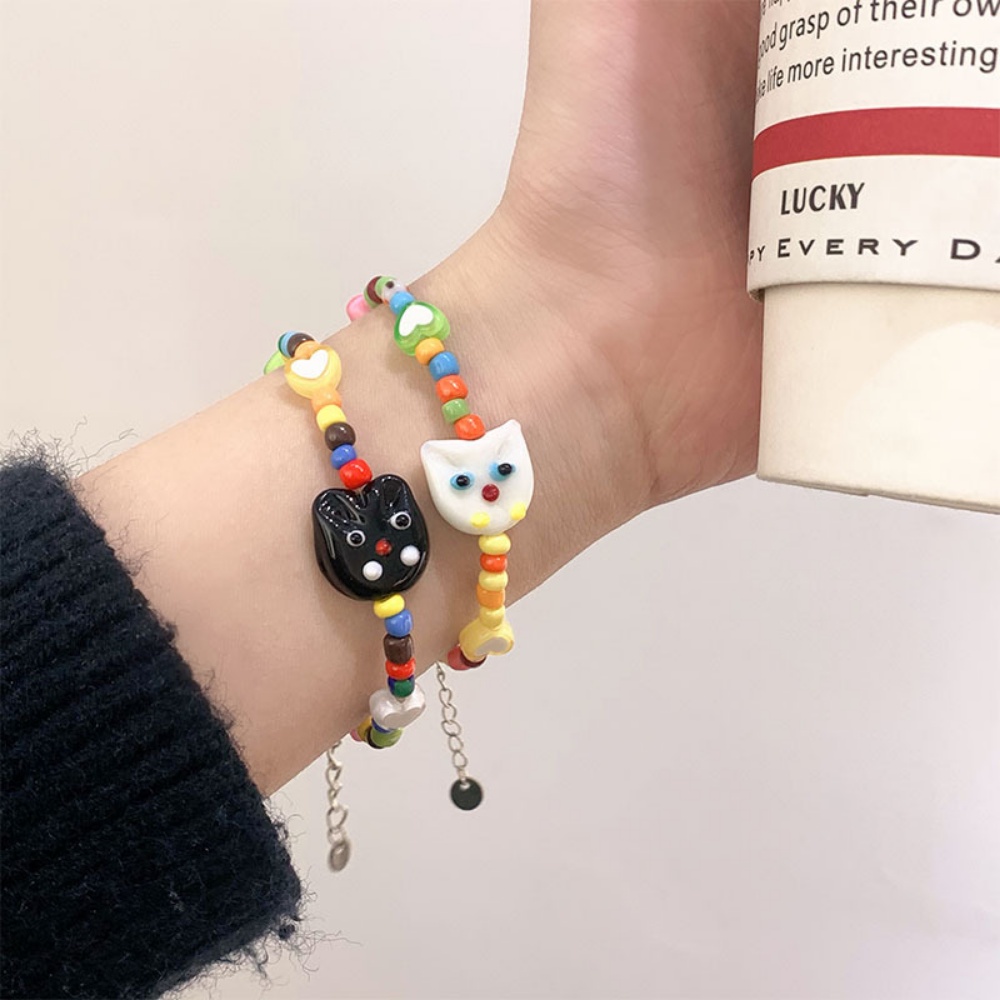 Kitty Meow Kartun Cinta Warna-Warni Gelang Manik-Manik Anak-Anak Baru Yang Menyenangkan Kucing Lucu Hitam Putih Perhiasan Gadis Seksi