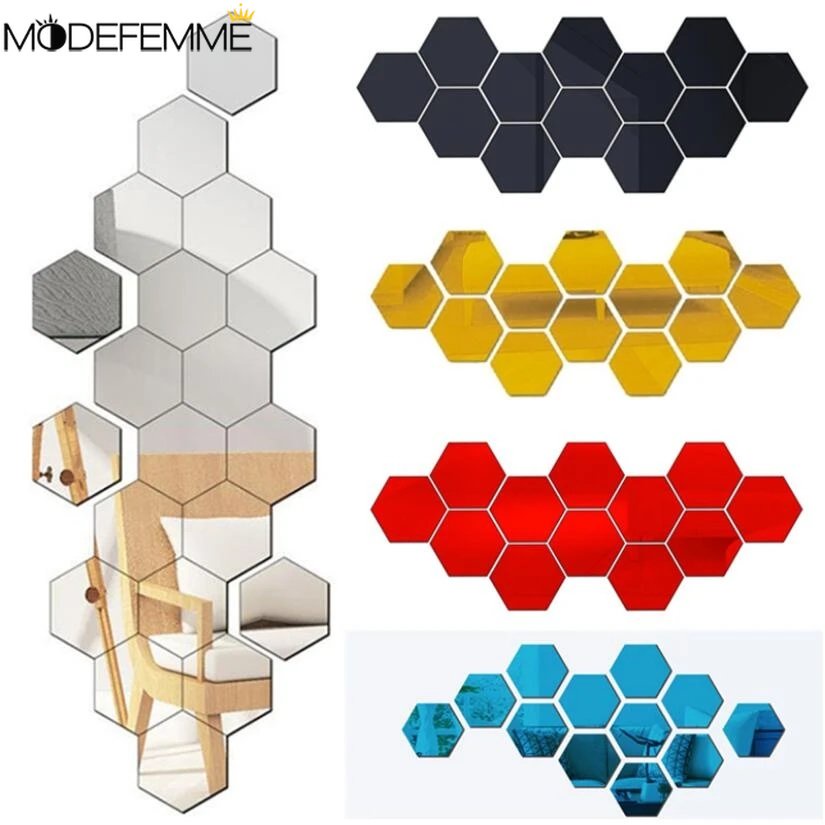 Diy Dekorasi Rumah Seni Cermin 3D Mirror Wall Stiker Removable Wall Sticker Kamar Tidur Kamar Mandi Rumah DIY Dekorasi Stiker Dinding Hexagon Acrylic Self Adhesive Mosaic Tiles Decals