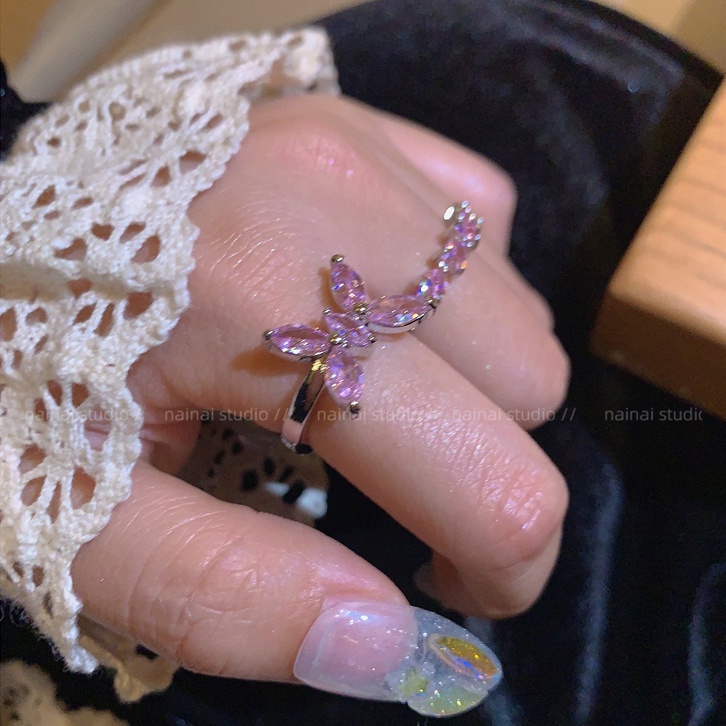 Cincin Zirkon Hati Y2K Kupu Busur Pink Kristal Titanium Pembukaan Rings Untuk Wanita Fashion Perhiasan Aksesoris