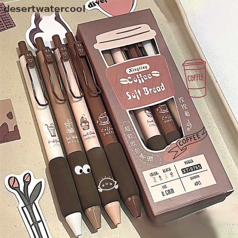 Deid 4pcs Coffee Soft Bread Gel Pen Set 0.5mm Tinta Warna Hitam Untuk Wrig Perlengkapan Alat Tulis Kantor Sekolah Martijn