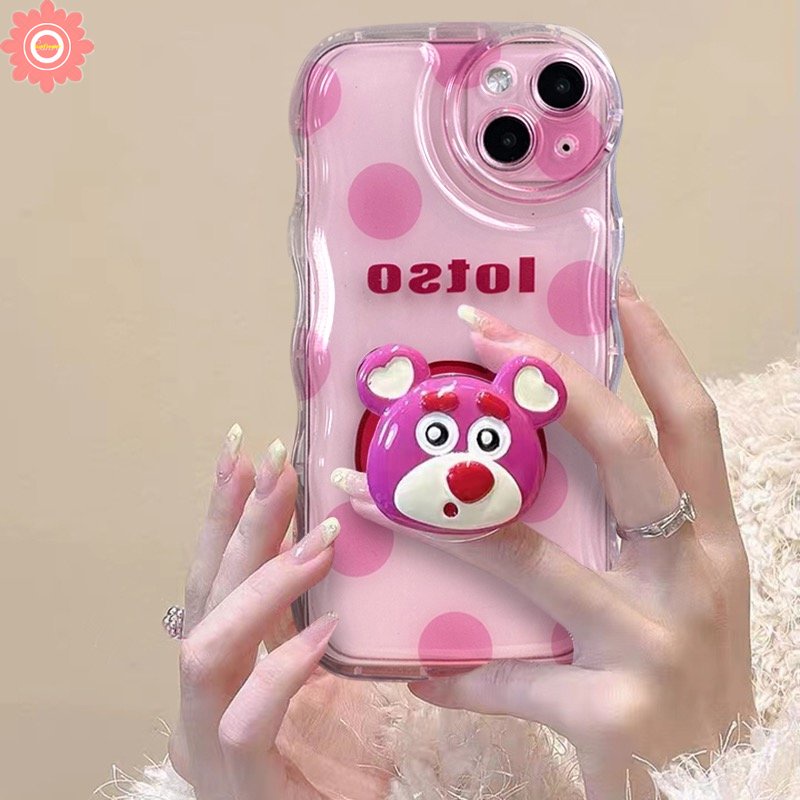 Case Holder Ponsel Beruang Strawberry Kartun Kompatibel Untuk iPhone 7Plus 11 14 13 12 Pro Max7 8 6s 6 Plus XR X XS Max SE 2020 3D Wavy Curved Edge Soft Cover Dengan Bracket Manyo Lucu