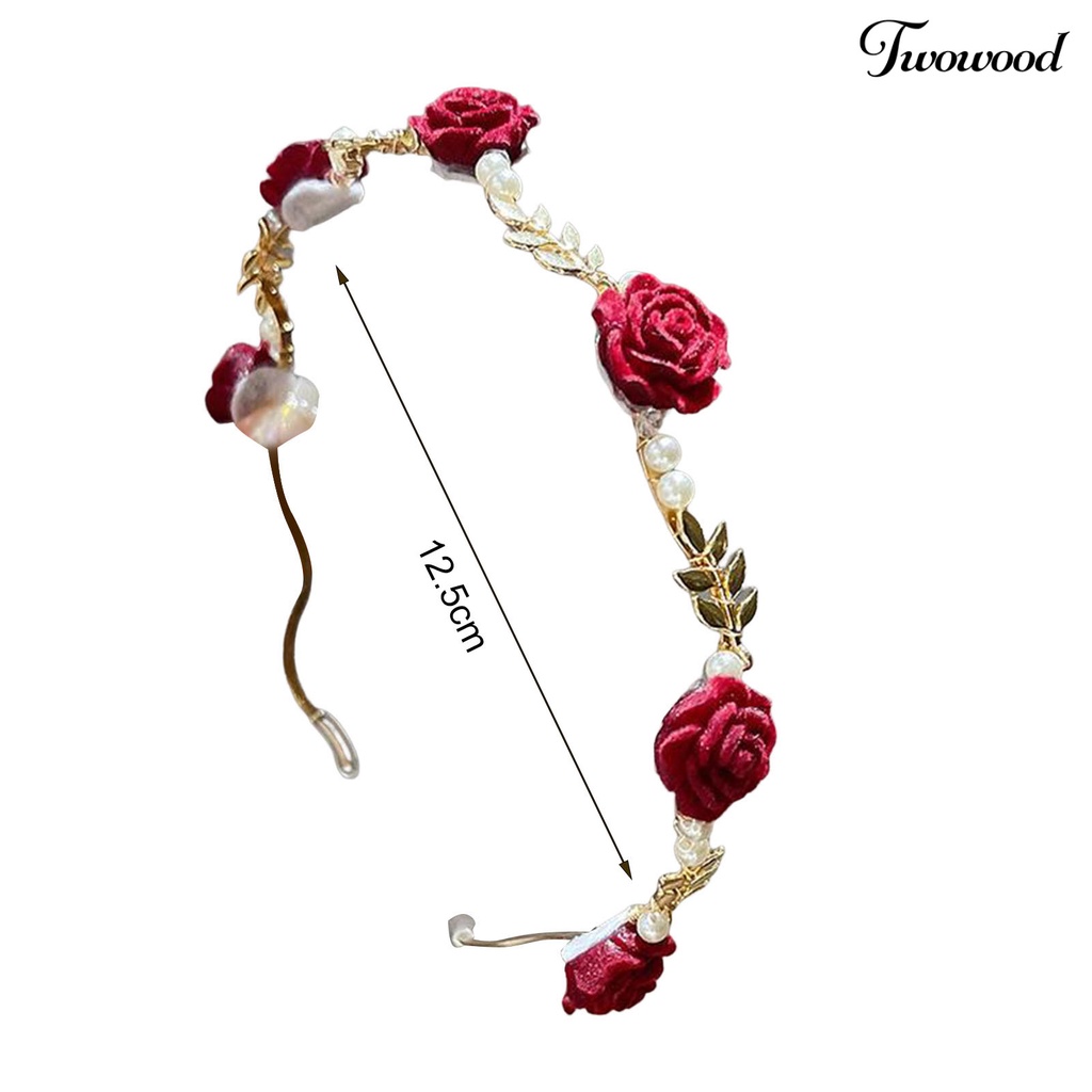 Twowood Rose Headband Glossy Faux Pearl Pengerjaan Halus Daun Dekorasi Vintage Hias Lolita Anti-slip Rose Wedding Hair Hoop Wanita Aksesori Rambut