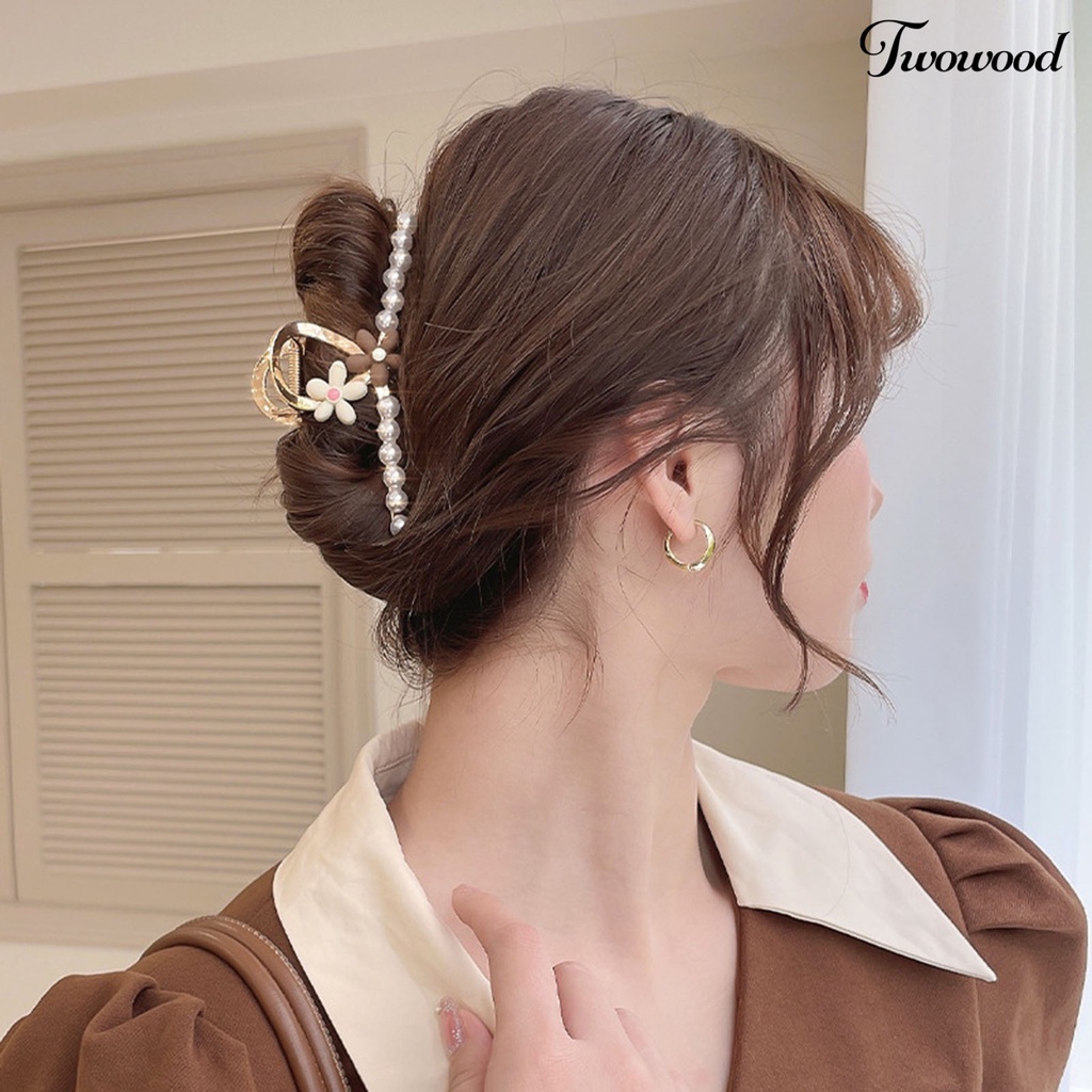 Twowood Frosted Flower Heart Decor Hair Claw Hias Mutiara Imitasi Hiu Rambut Alat Styling Penjepit