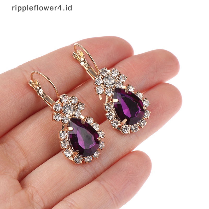 {rippleflower4.id} Fashion Eropa Amerika Perhiasan Liontin Anting Cincin Set Pengantin Dekorasi Hadiah Tetesan Air Berlian Kalung Anting Cincin Set~