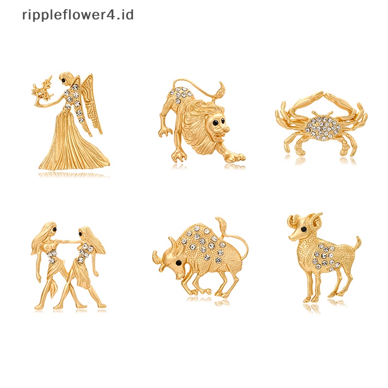 {rippleflower4.id} Kreatif Warna Emas Zodiak Bros Wanita Sederhana Berlian Imitasi Hewan Lencana Pria Pin Aksesoris Pesta Festival Hadiah~