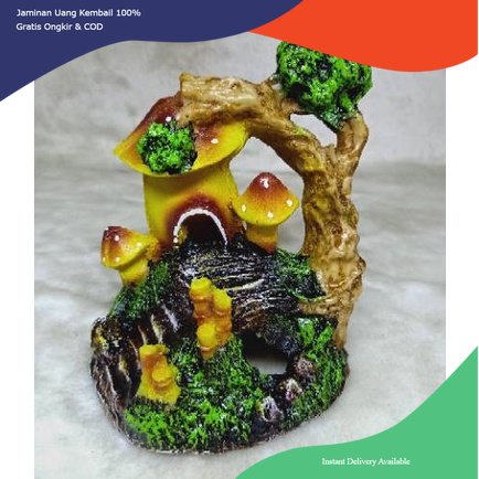 hiasan rumah jamur 3 dan pohon, hiasan aquarium rumah jamur 3, hiasan aquarium rumah pohon dan jamur