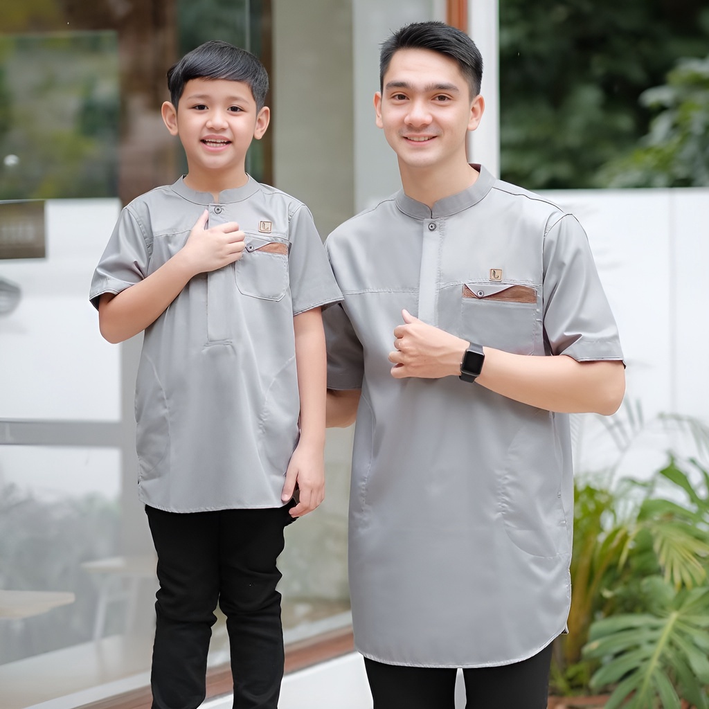 Baju koko couple kurta ayah dan anak laki laki Lengan Pendek Abu Gray terbaru | baju koko couple aya