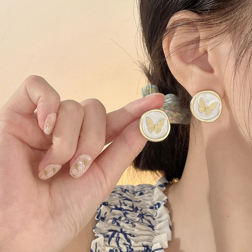 Anting Klip Kupu-Kupu Warna Emas Untuk Wanita Non Tindik Hitam Putih Enamel Perhiasan Ear Cuff Hadiah Pesta