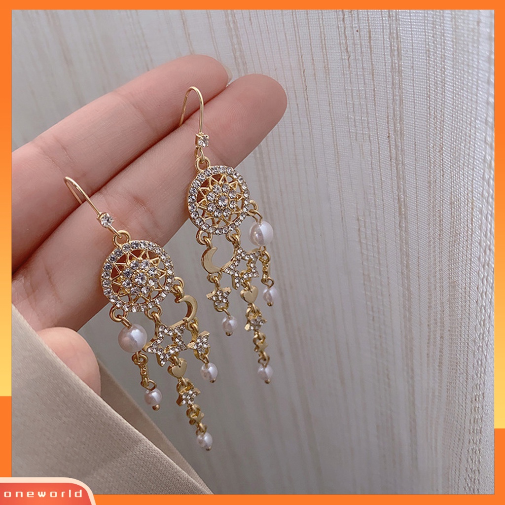 [WOD] 1pasang Drop Earrings Retro Panjang Rumbai Liontin Alloy Berlian Imitasi Tertanam Anting Kait Modis Untuk Pesta