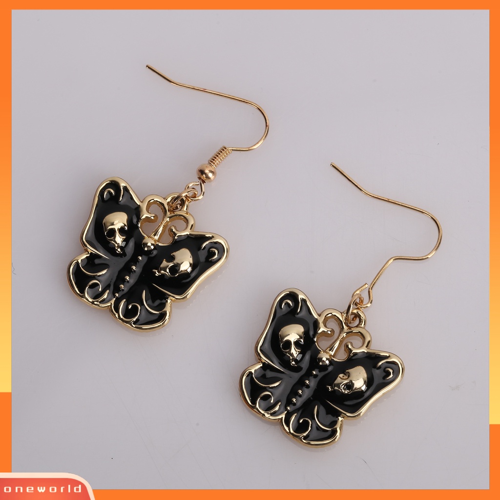 [WOD] 1pasang Anting Halloween Warna Kontras Telinga Hias Anti Karat Gaya Gelap Motif Tengkorak Bentuk Kupu-Kupu Anting Kait