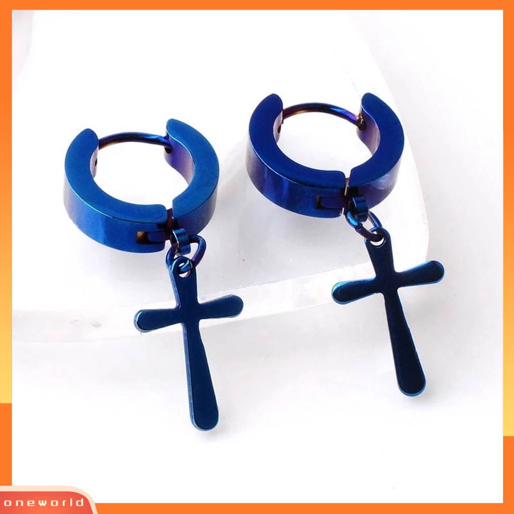 [WOD] 1pc Unisex Anting Menjuntai Salib Gaya Korea Stainless Steel Simple Bright Luster Hoop Earring Untuk Pakaian Sehari-Hari