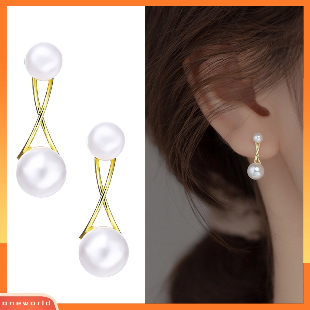 [WOD] 1pasang Anting Wanita Gaya Perancis Retro Elegan Berlapis Emas Hypoallergenic Hadiah Fashion Perhiasan High Gloss Faux Pearl Cross Ladies Earrings Untuk Pesta
