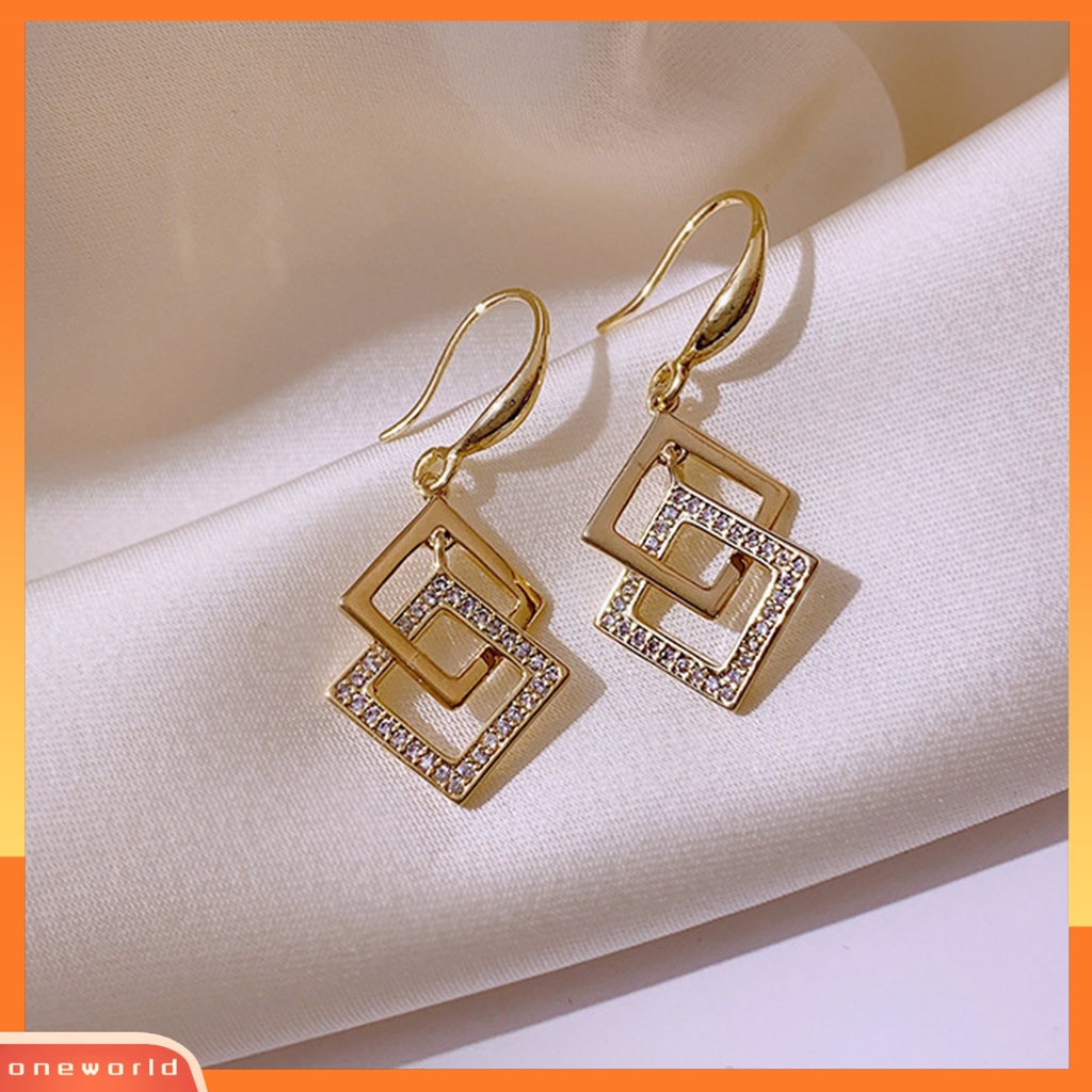[WOD] 1pasang Wanita Drop Earrings Berlian Imitasi Mengkilap Hias Kokoh Bentuk Geometris Menjuntai Anting-Anting Hadiah Ulang Tahun