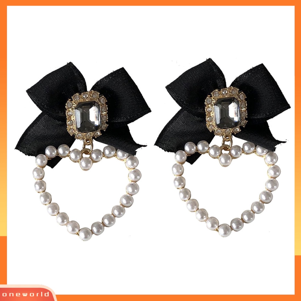 [WOD] 1pasang Ikatan Simpul Hitam Permata Imitasi Wanita Anting Retro Simulasi Mutiara Hati Drop Earrings Perhiasan Aksesori