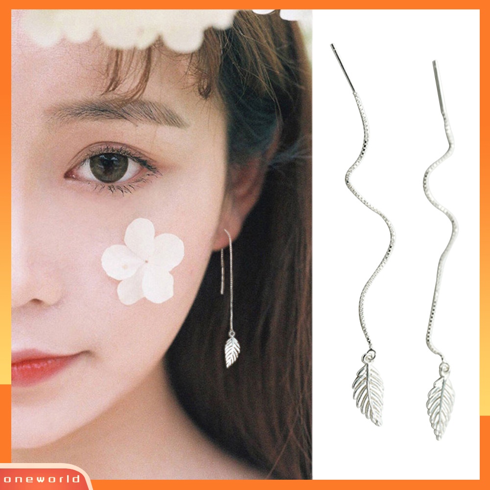 [WOD] Fashion Bentuk Daun Rantai Panjang Menjuntai Sederhana Linear Anting Wanita Perhiasan Hadiah