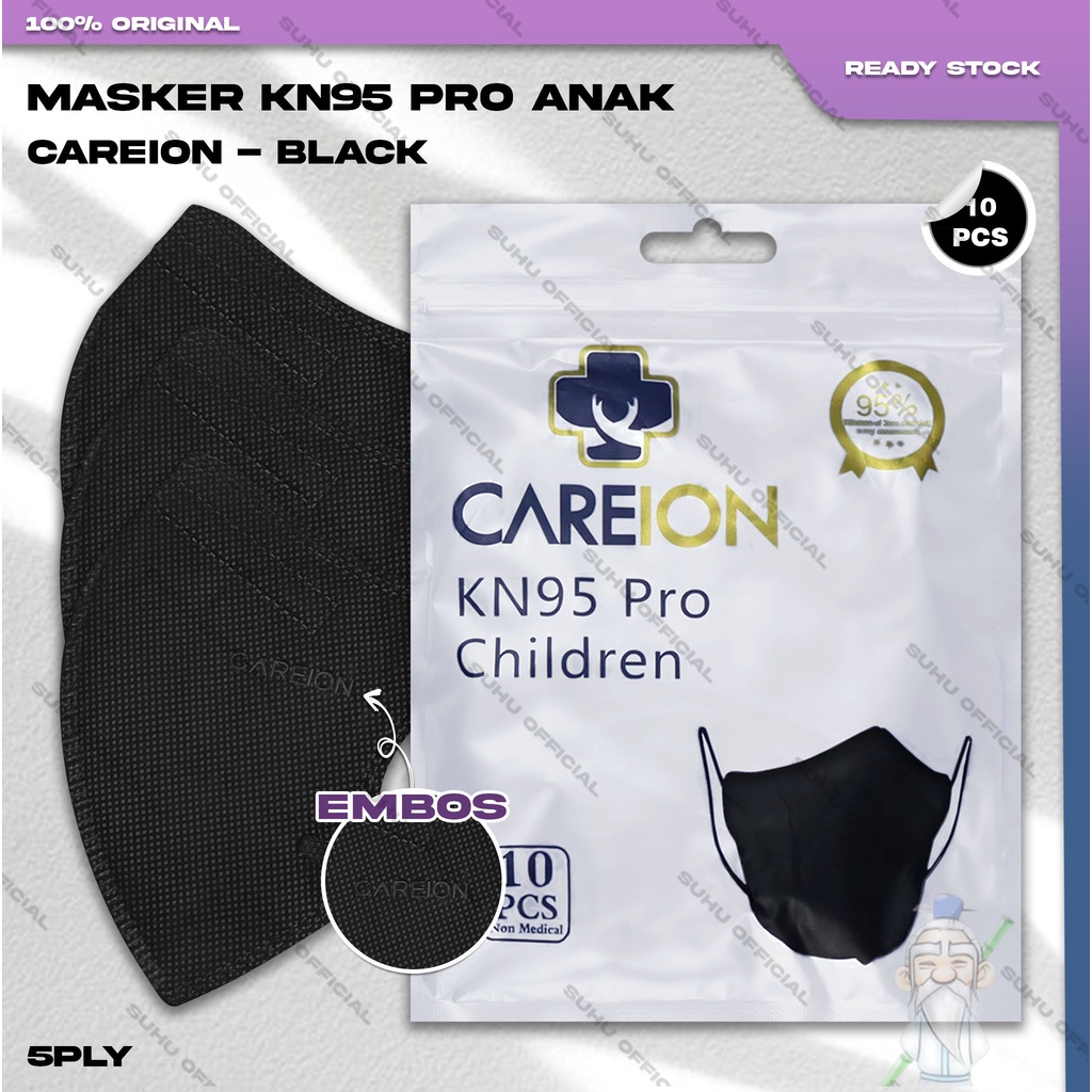 Masker Anak KN95 CAREION 5Ply Isi 10Pcs Warna Hitam Black KN 95 5 Ply Earloop Surgical Mask