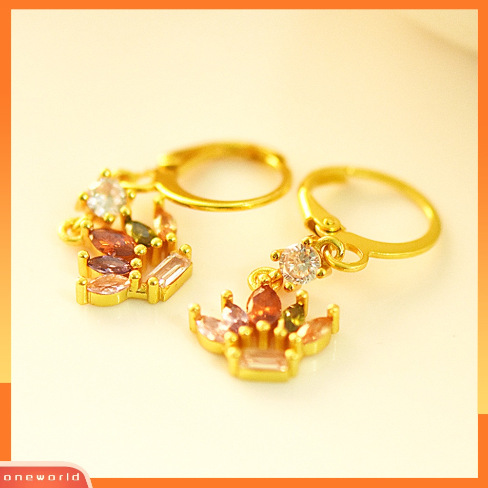 [WOD] Wanita Multicolor Berlian Imitasi Bertatahkan Mahkota Menjuntai Leverback Earrings Perhiasan Hadiah