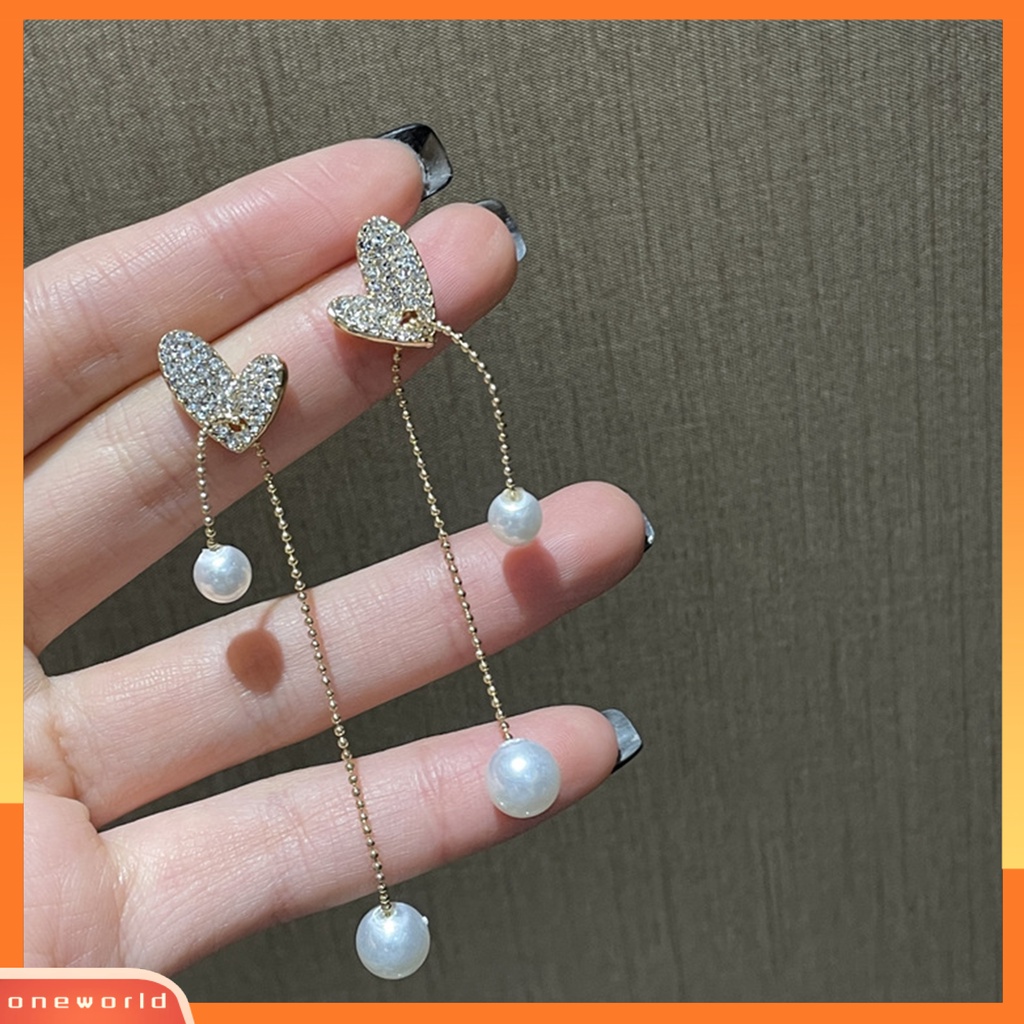 [WOD] Wanita Anting Linier Elegan Berlian Imitasi Mengkilap Bertatahkan Rumbai Panjang Bentuk Hati Drop Earrings Prom Earrings