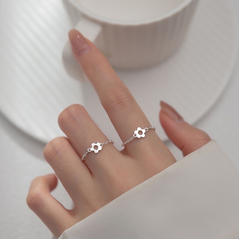 Papaozhu Trendi S925 Perak Manik-Manik Bunga Adjustable Tarik Cincin Untuk Wanita Gadis Kepribadian Berongga Geometris Buku Jari Cincin Kreatif Aksesoris