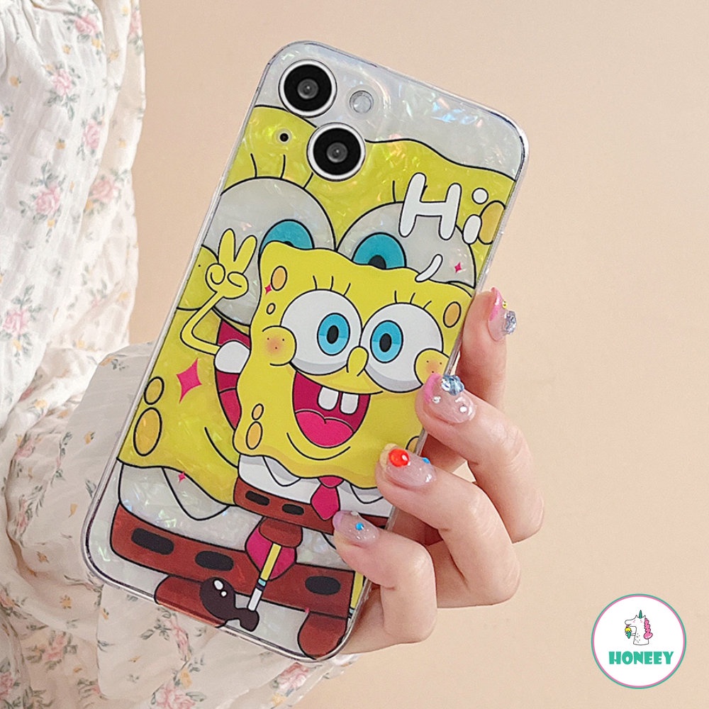 Casing Ponsel Motif Cangkang Glitter Untuk iPhone 14 Pro 11 12 13 Pro Max SpongeBob Lucu SquarePants Fashion Kartun Shockproof Back Cover