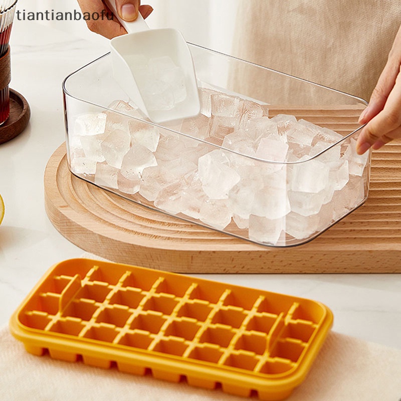 [tiantianbaofu] Press Type Ice Cube Tray Plastics Cetakan Es Beku 32/64 Cubes Tray Mold Dengan Tutup Butik