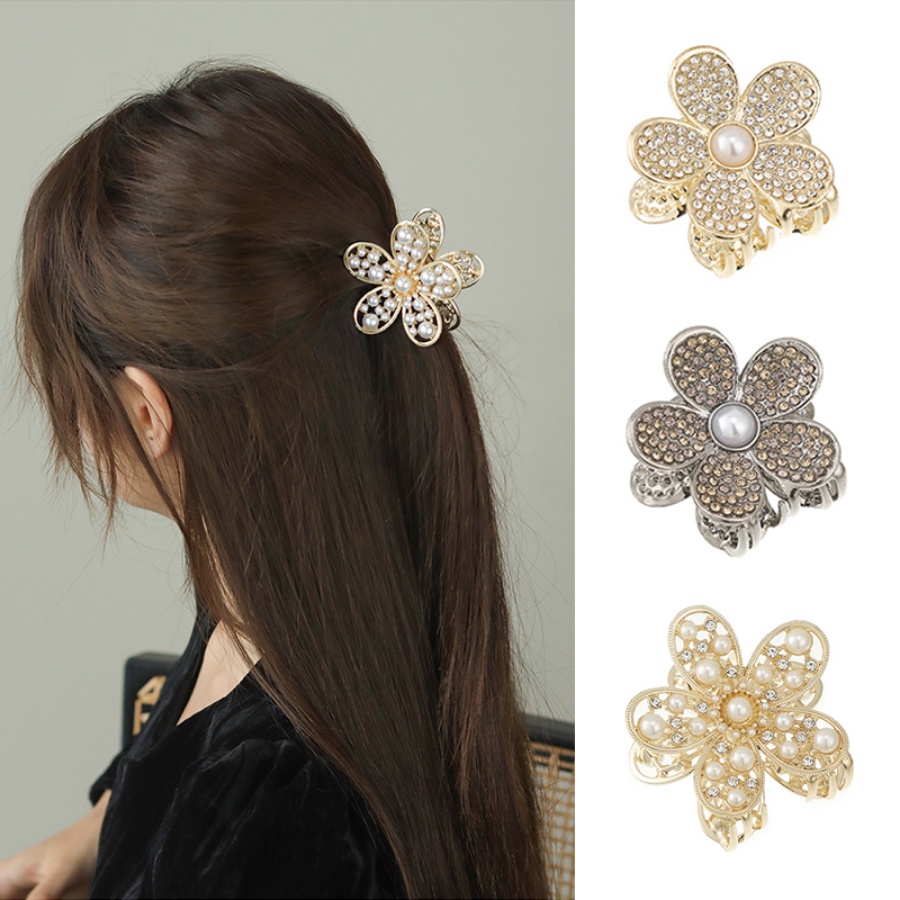 Korea Alloy Berlian Imitasi Bunga Rambut Klip Rambut Cakar Kristal Mutiara Jepit Rambut Ponytail Holder Woman Hair Accessories