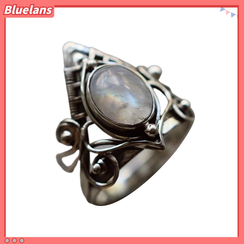 [BLS] Punk Berongga Warna Perak Wanita Cincin Hias Moonstone Fashion Cincin Perhiasan Aksesori